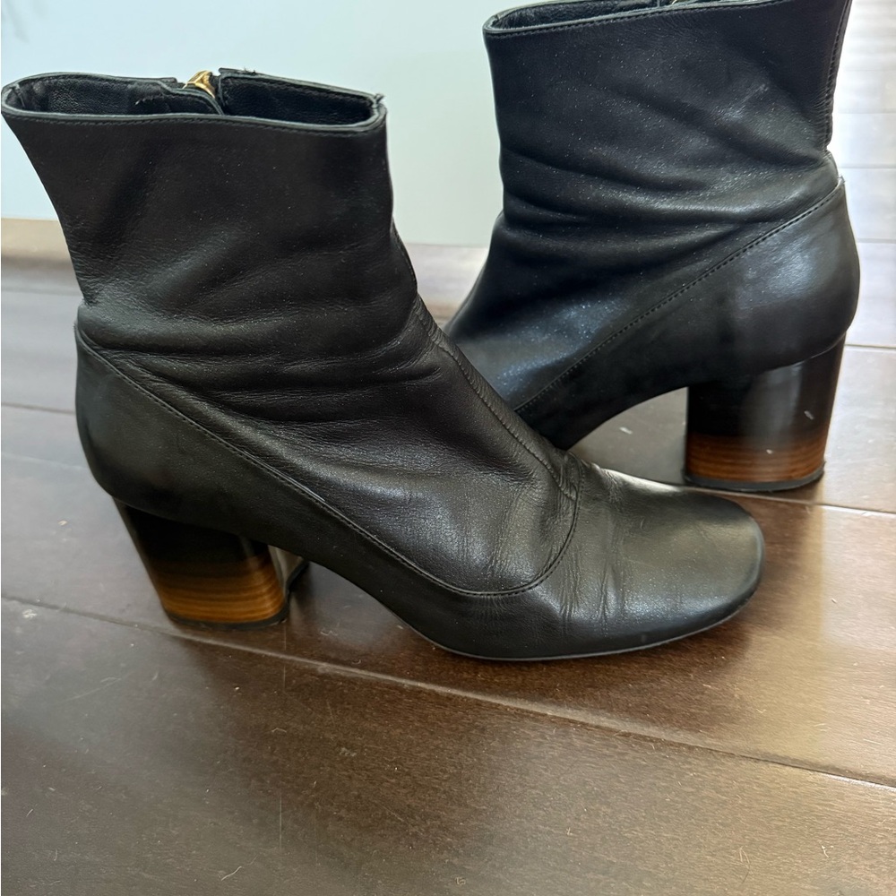 Paul Smith Black Leather Ankle Boots with Wood-Effect Block Heel